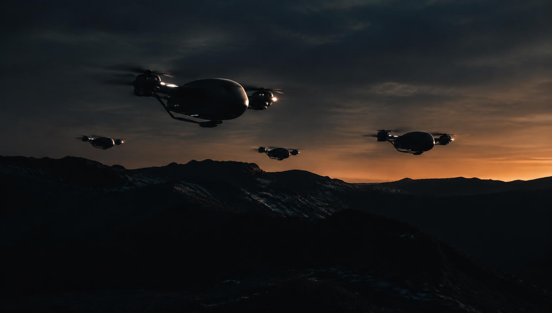 Autonomous drone fleet over mountains at dusk